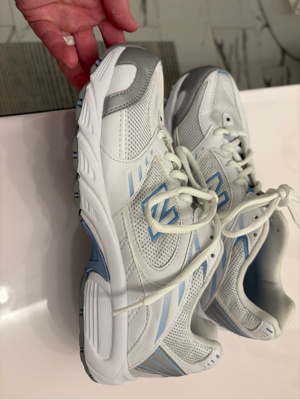 New Balance White and Light Blue Athletic Sneakers - Picture 4 of 5
